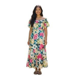 TCEC Off Shoulder Floral Tiered Midi Dress Ruffle Sleeve – Medium